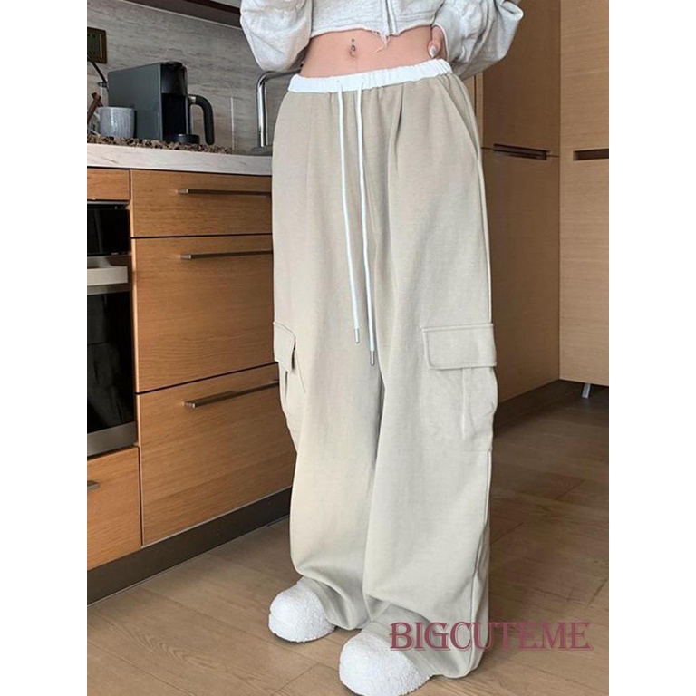 Quần Dài Lưng Thun Dáng Rộng Có Túi Phong Cách Đường Phố Cho Nữ