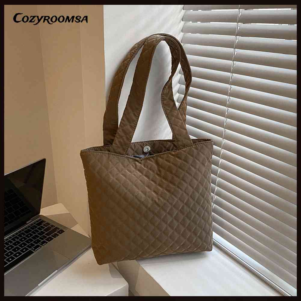 Túi Xách Đeo Vai Có Đệm Cotton Họa Tiết Lưới Hình Thoi Sức Chứa Lớn Cho Nữ