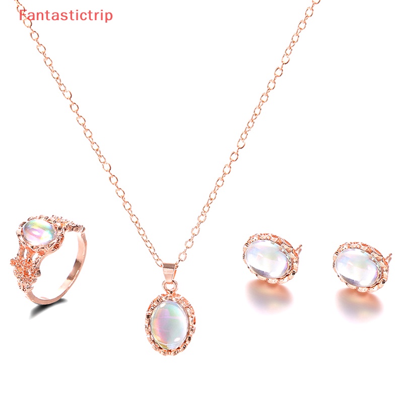 Bộ Trang Sức Nhẫn / Bông Tai / Vòng cổ Mạ Vàng Đính Đá Opal Nhân Tạo Hình Oval Thanh Lịch Cho Nữ