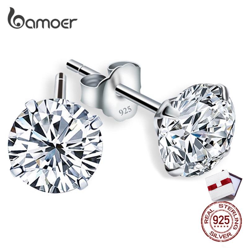 Bamoer 1 Đôi Bông Tai Tròn bạc 925 Đính Đá Zircon 4mm 5mm 6mm 7mm Thời Trang Cho Nữ