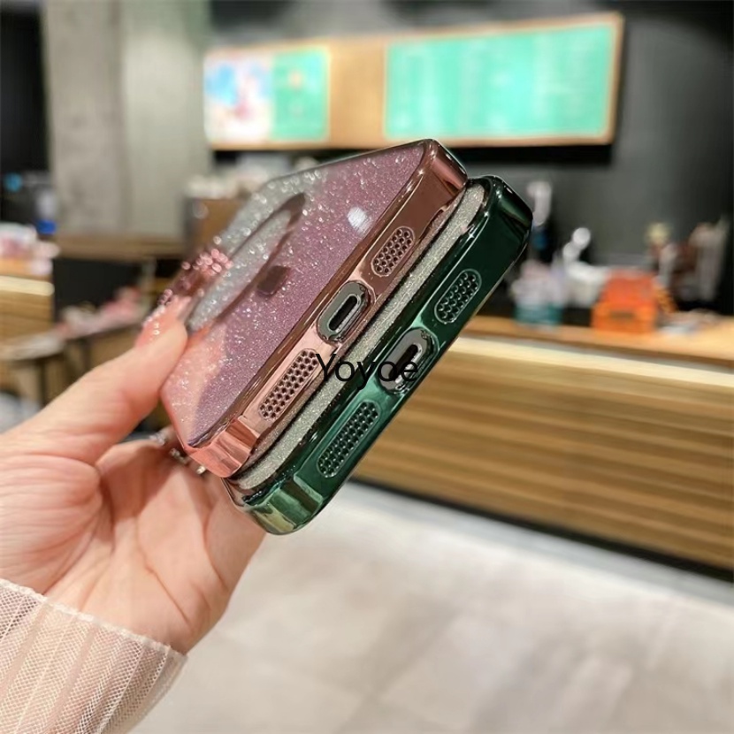 Ốp Điện Thoại Kính Cường Lực Viền Silicon Dẻo Màu Phấn Lấp Lánh Kèm Giá Đỡ Từ Tính Cho iPhone 14 Plus 13 12 11 Pro Max