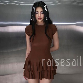 Rs đầm tay ngắn màu trơn thiết kế cổ tròn thanh lịch