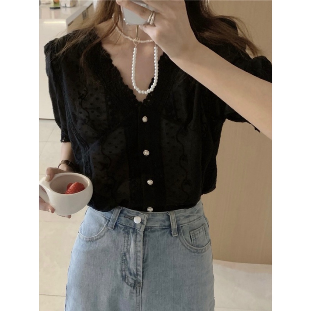 Áo sơ mi SUXI tay ngắn cổ chữ V dáng rộng đơn giản thời trang mùa hè cho nữ