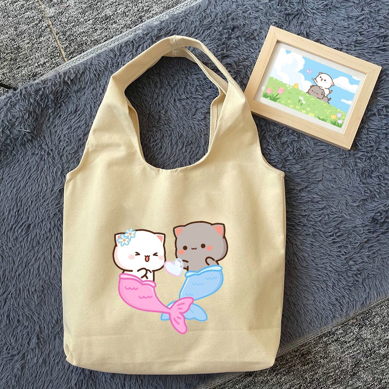 Túi Xách Canvas Họa Tiết Quả Đào Và Mèo Đáng Yêu