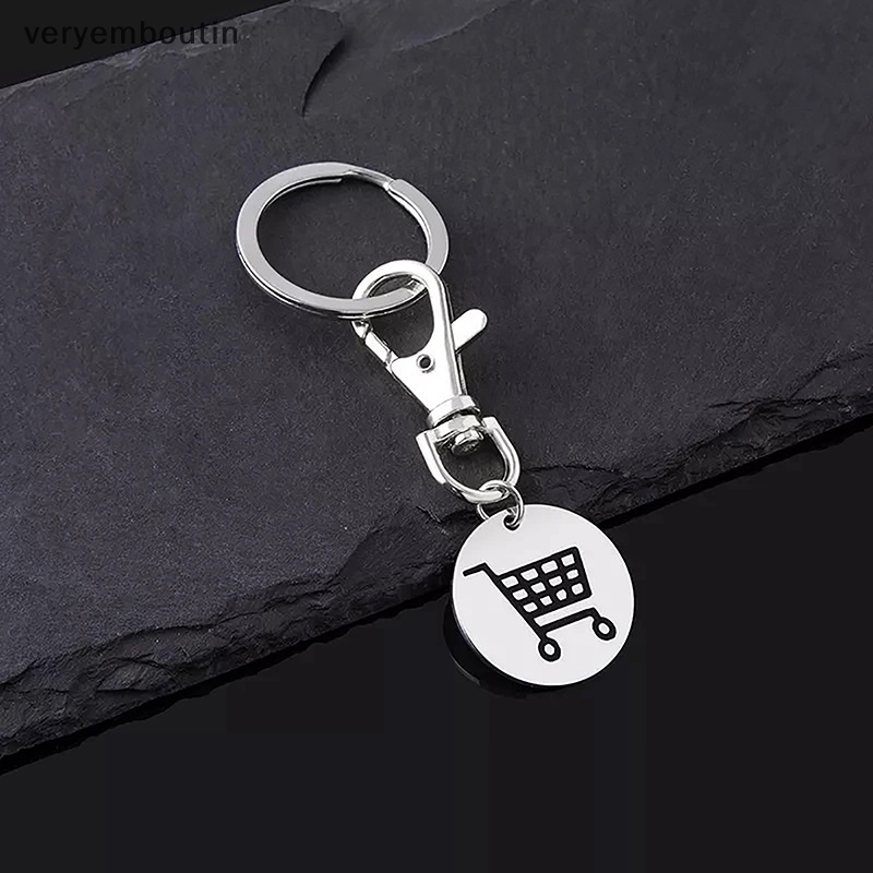 Móc Khóa Tròn Màu Đen Bằng Thép Không Gỉ in Logo Xe Đẩy Mua Sắm Sáng Tạo