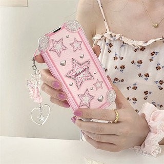 Ốp Điện Thoại Da Nắp Gập Họa Tiết Ngôi Sao Màu Hồng iPhone 14promax 11 12 12Pro 12promax 13 casing 13Pro 13promax 14 14Pro 14Pro
