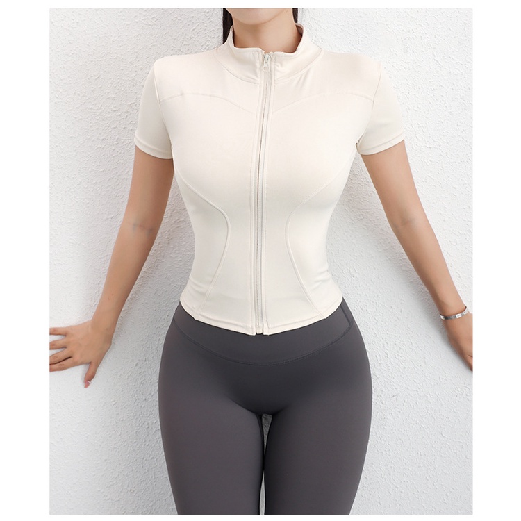 Áo Thun Thể Thao Ngắn Tay Cổ Đứng Phối Khóa Kéo Thời Trang Tập Yoga