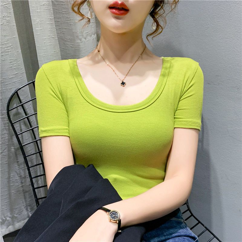 Áo Thun Nữ Ngắn Tay Cổ Chữ U Vải Cotton