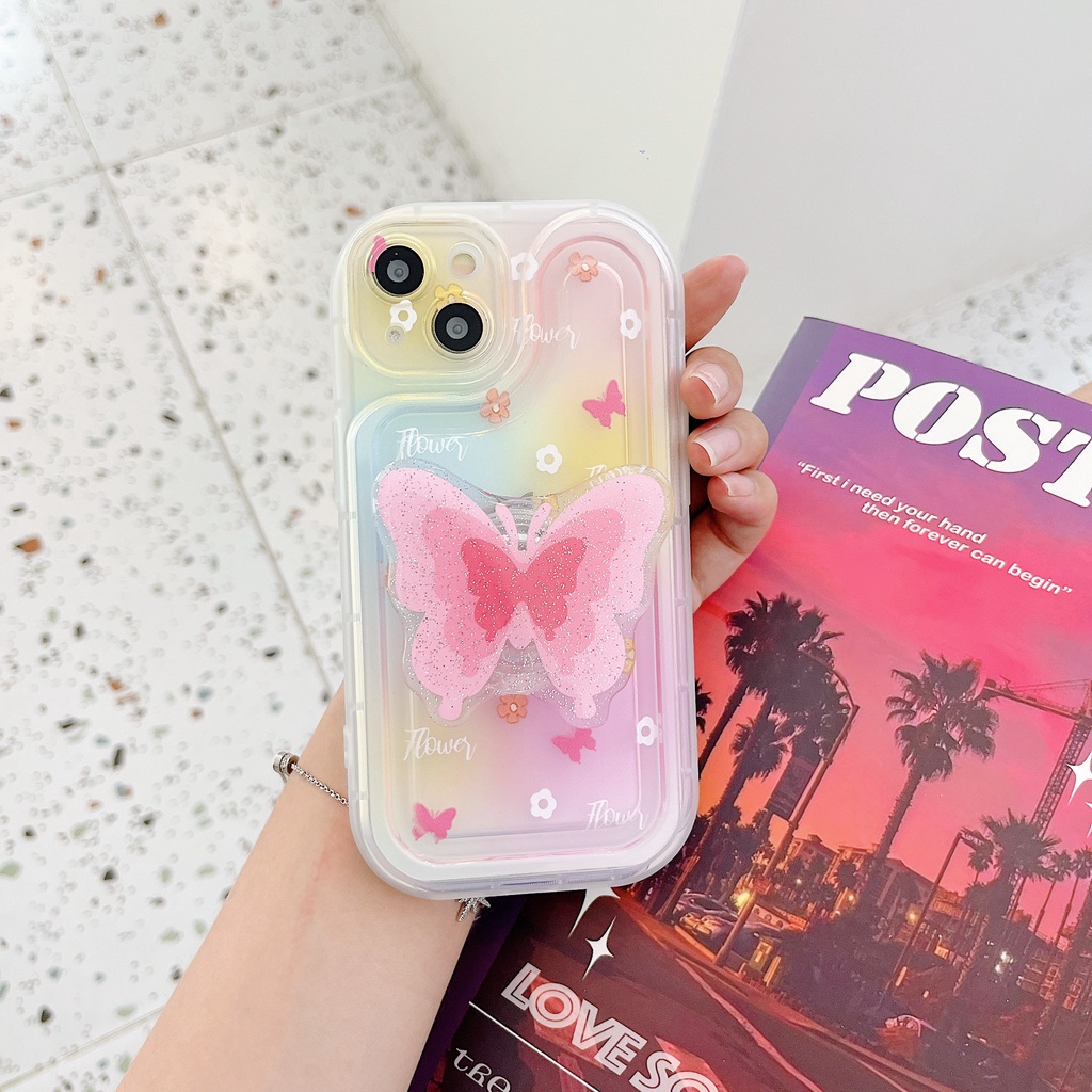 Ốp Điện Thoại TPU Silicone Mềm Trong Suốt Chống Sốc In Hình Bướm Hồng Sáng Tạo Có Giá Đỡ Cho iPhone 14 Plus 13 12 11 Pro Max