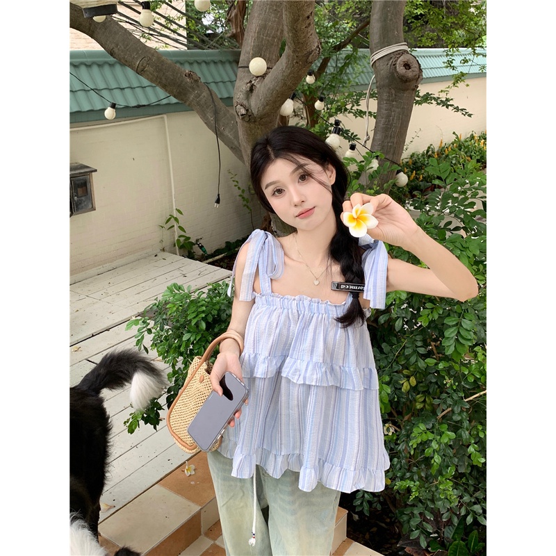 Áo Hai Dây Nhún Bèo Dáng Rộng Họa Tiết Kẻ Sọc Thời Trang Mùa Hè Xinh Xắn Cho Nữ