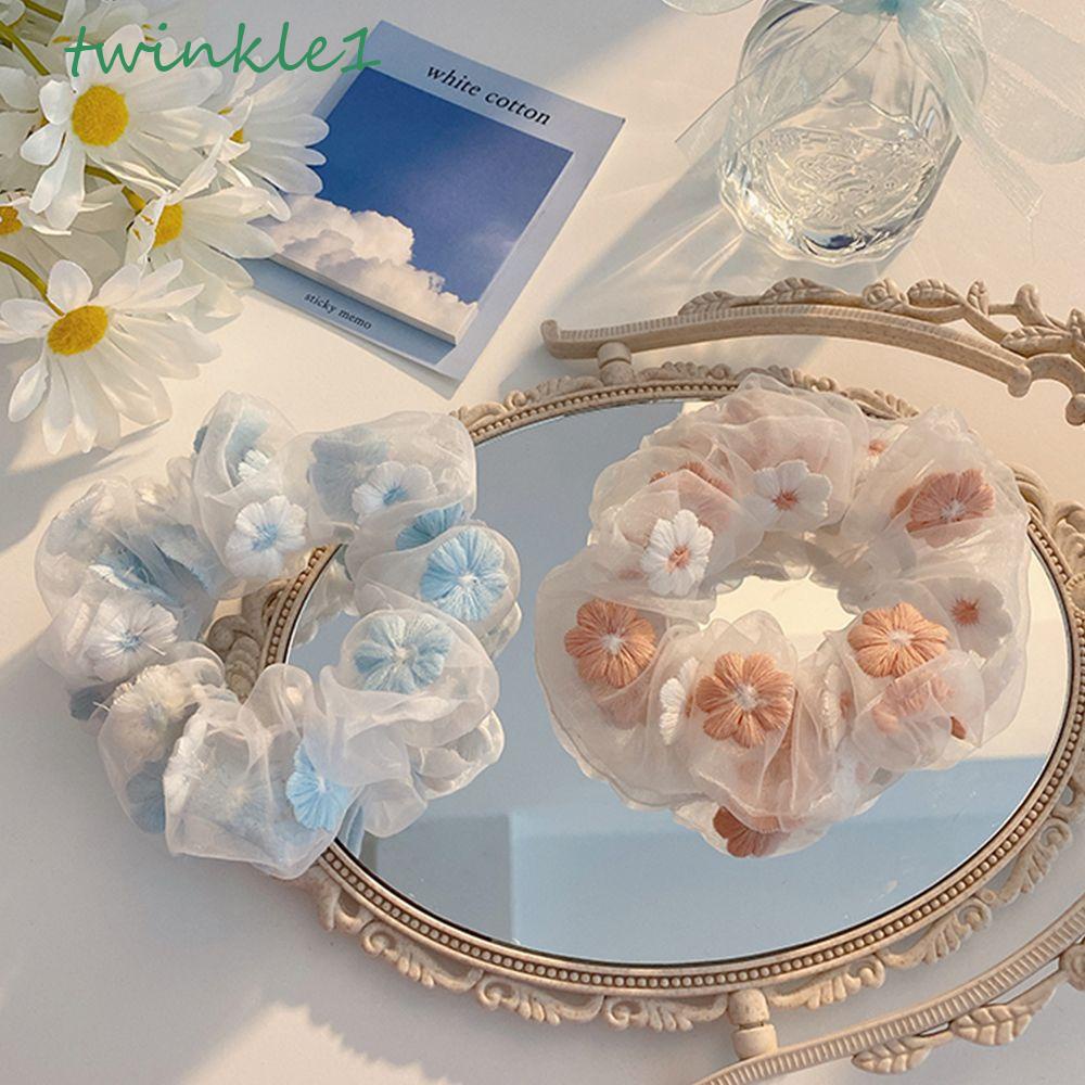 Dây Buộc Tóc Cao Su Bọc Vải Gạc Thêu Hoa Lấp Lánh Cho Bé Gái