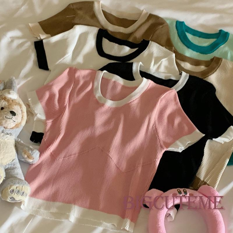 Áo Croptop Dệt Kim Tay Ngắn Cổ Tròn Màu Sắc Tương Phản Thời Trang Đường Phố Cho Nữ