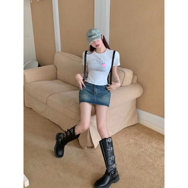 Áo baby tee Thun croptop nữ Tay Ngắn Dáng Ôm In Hoạt Hình Thời Trang Mùa Hè Xinh Xắn Cho Nữ