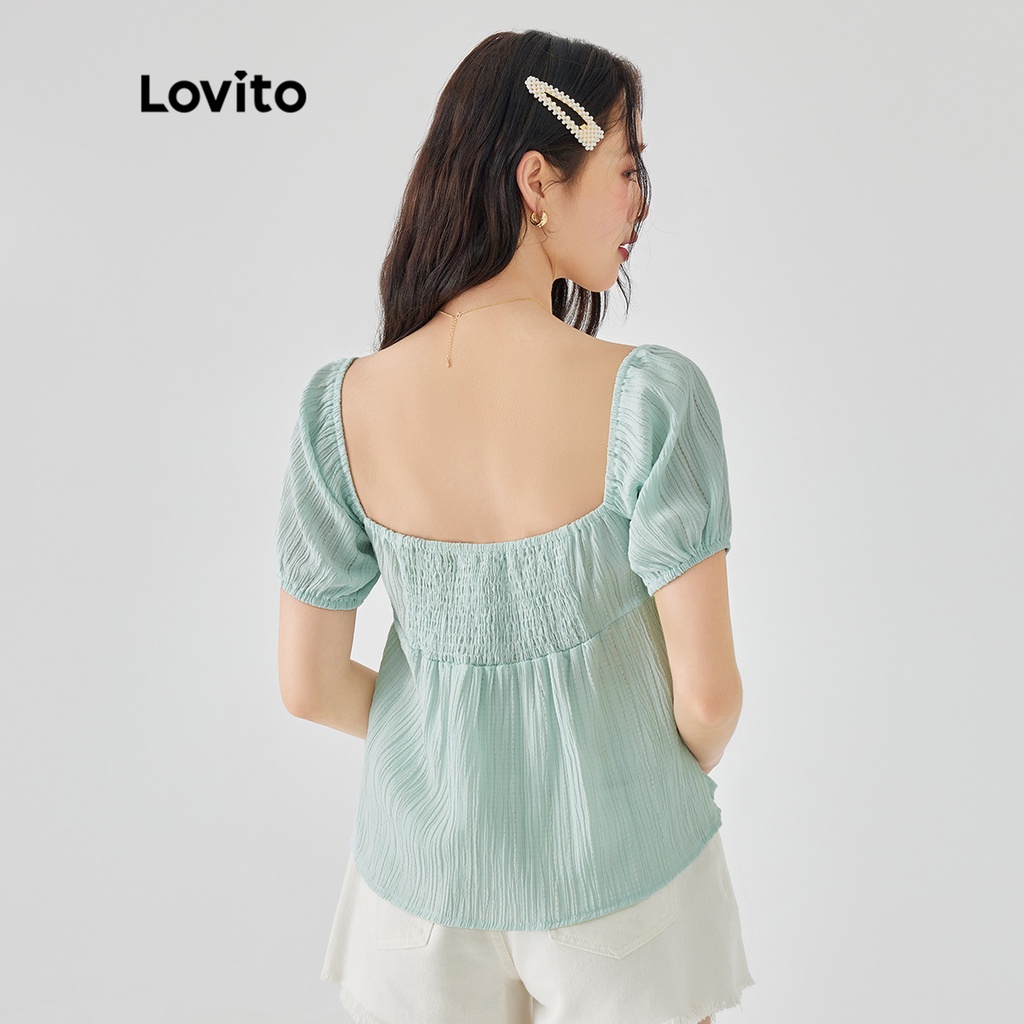 Áo kiểu Lovito tay ngắn xoắn màu trơn thường ngày cho nữ L49AD059 (Màu xanh lá)