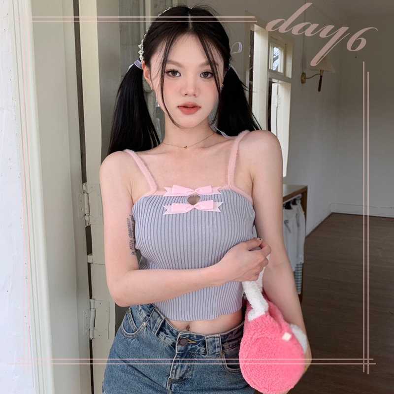 Áo Croptop Sát Nách Màu Sắc Tương Phản Thiết Kế Dây Cột Nơ Quyến Rũ