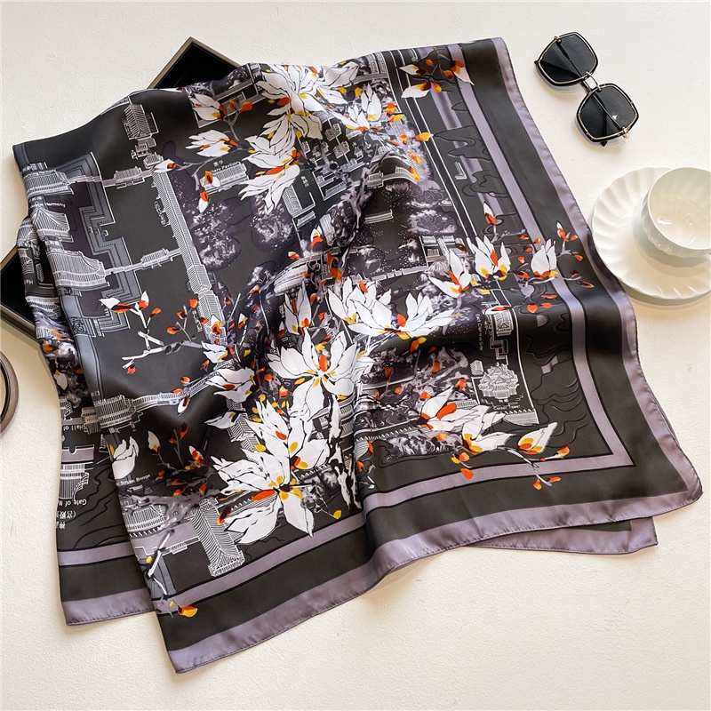 Khăn Choàng Vuông 110cm Vải Satin Họa Tiết Hoa Thời Trang Mùa Hè