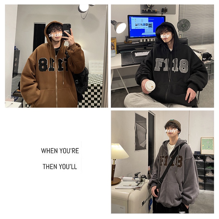 Áo khóa nỉ có mũ trùm đầu màu nâu của nam giới áo khoác oversize