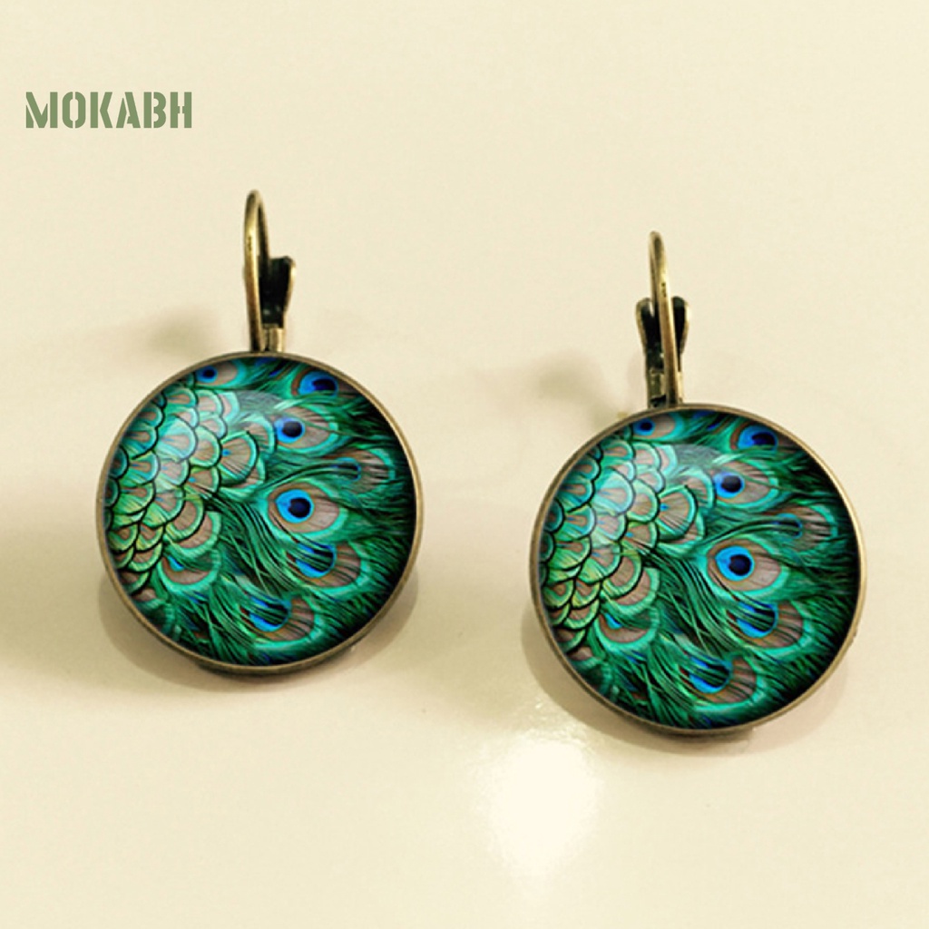 1 Đôi Bông Tai Mặt Kính Cabochon Hình Chim Công 2 Màu Phong Cách Vintage