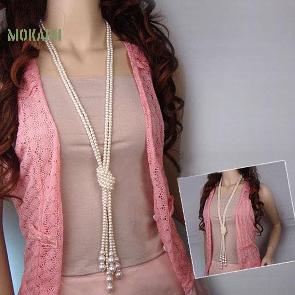 Vòng Cổ Tua Rua Thắt Nút Bằng Hợp Kim Màu Trắng Đính Ngọc Trai Nhân Tạo Sang Trọng Cho Nữ