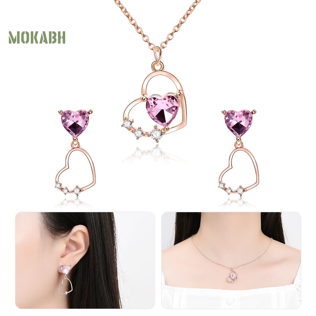 1 Set Vòng cổ Và Bông Tai Mặt Trái Tim Đính Đá Thời Trang