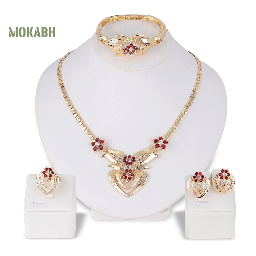 Bộ Trang Sức Gồm Vòng cổ / Bông Tai / Nhẫn / Vòng Tay Hình Hoa / Trái Tim Đính Đá Thời Trang Cho Nữ