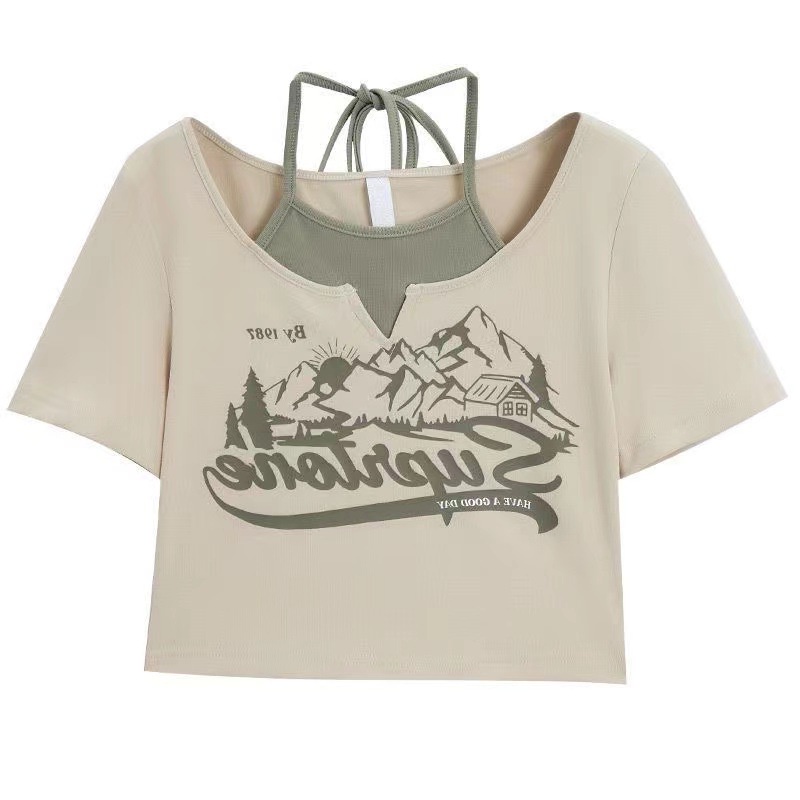 Áo Thun Ngắn Tay Giả Hai Lớp Phong Cách Âu Mỹ Cá Tính Dành Cho Nữ