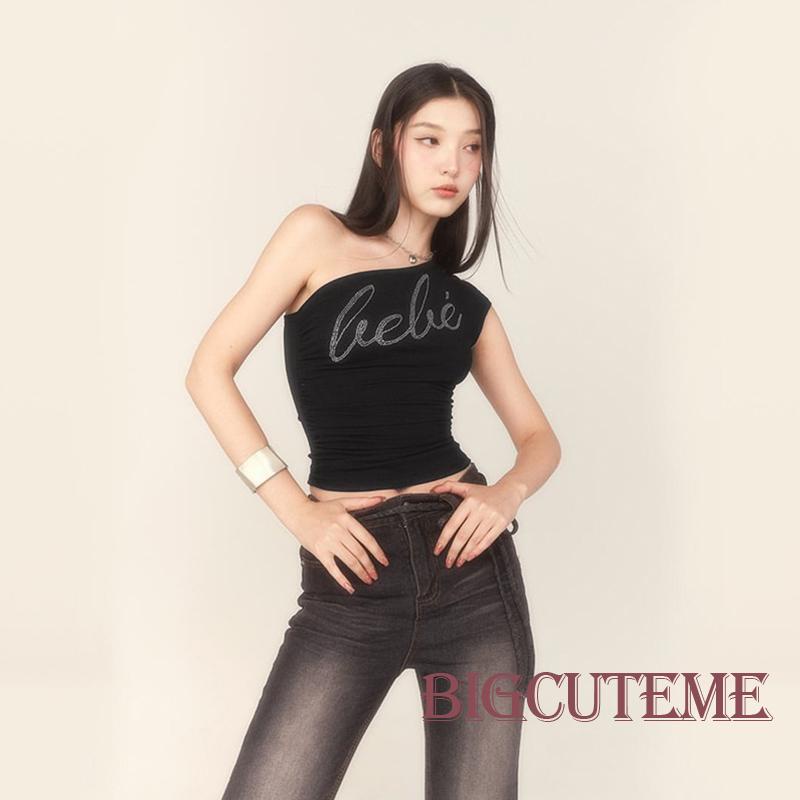 Áo Croptop Sát Nách Ôm Dáng In Chữ Đính Đá Thời Trang Mùa Hè Cho Nữ