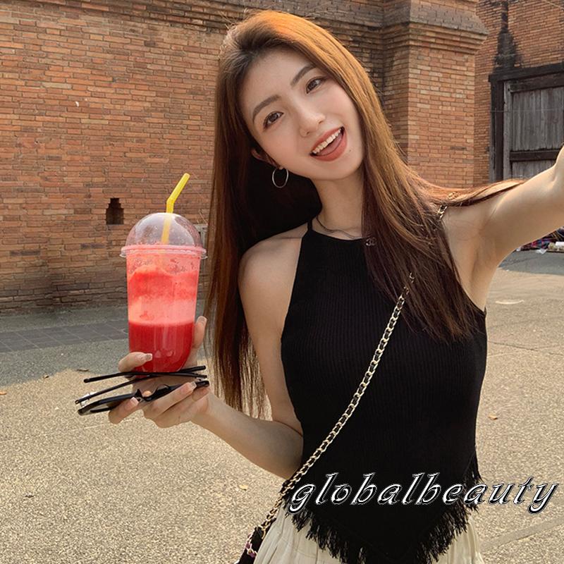 Áo Croptop Dệt Kim Không Tay Viền Tua Rua Hở Lưng Thời Trang Mùa Hè Cho Nữ