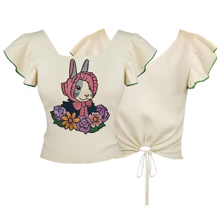 Áo Thun Dệt Kim Ngắn Tay Cổ Vuông Dáng Ôm Thêu Họa Tiết Kiểu Retro Pháp Thời Trang Mùa Hè 2023