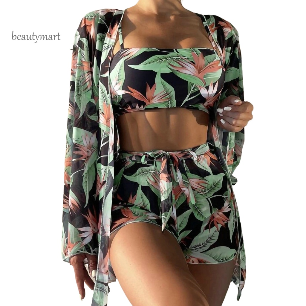 Bộ Đồ Bơi 3 Mảnh Gồm Áo Cardigan Dây Đeo + Quần Short Lưng Cao + Áo Ngực In Họa Tiết Hoa Lá Tùy Chỉnh Thời Trang Đi Biển Cho Nữ