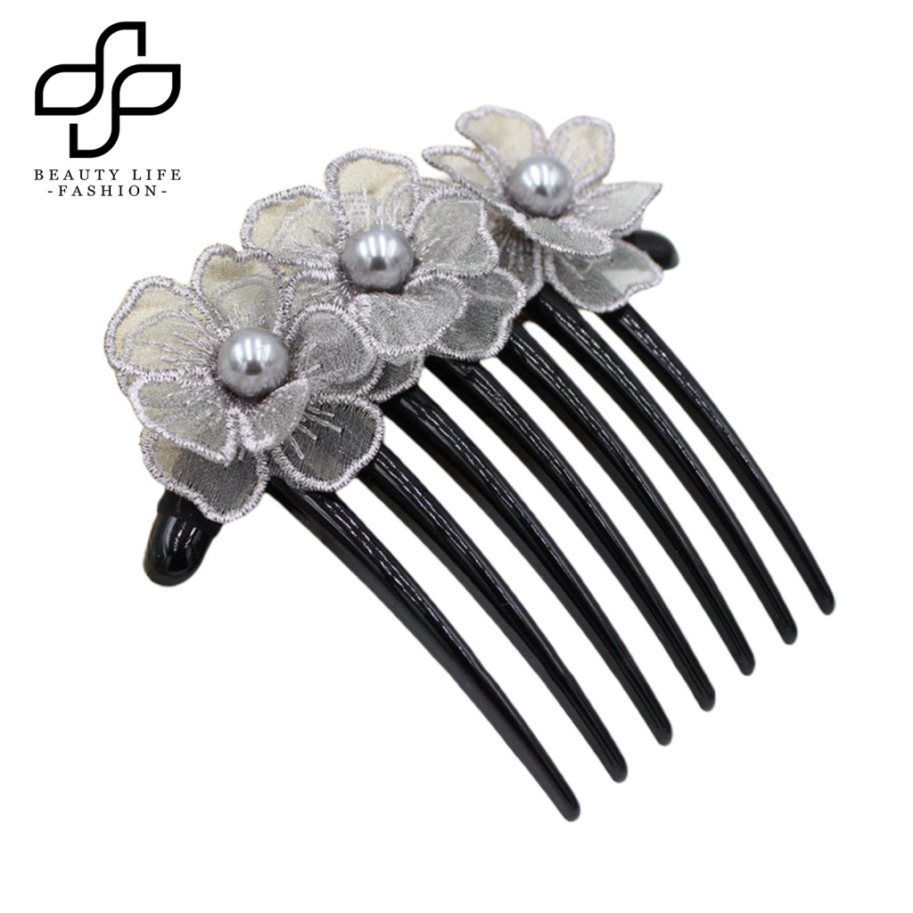 Lược Cài Tóc Mật Độ Chống Trượt Thêu Hoa Đính Ngọc Trai Giả Dễ Thương