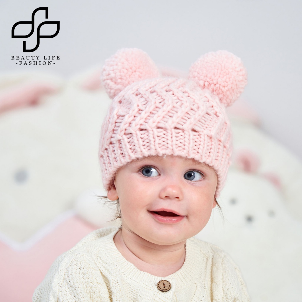 Beautylife Mũ Len Beanie Dệt Kim Dày Dặn Co Giãn Đính Hai Quả Bông Màu Trơn Thời Trang Thu Đông Dành Cho Bé Trai Bé Gái