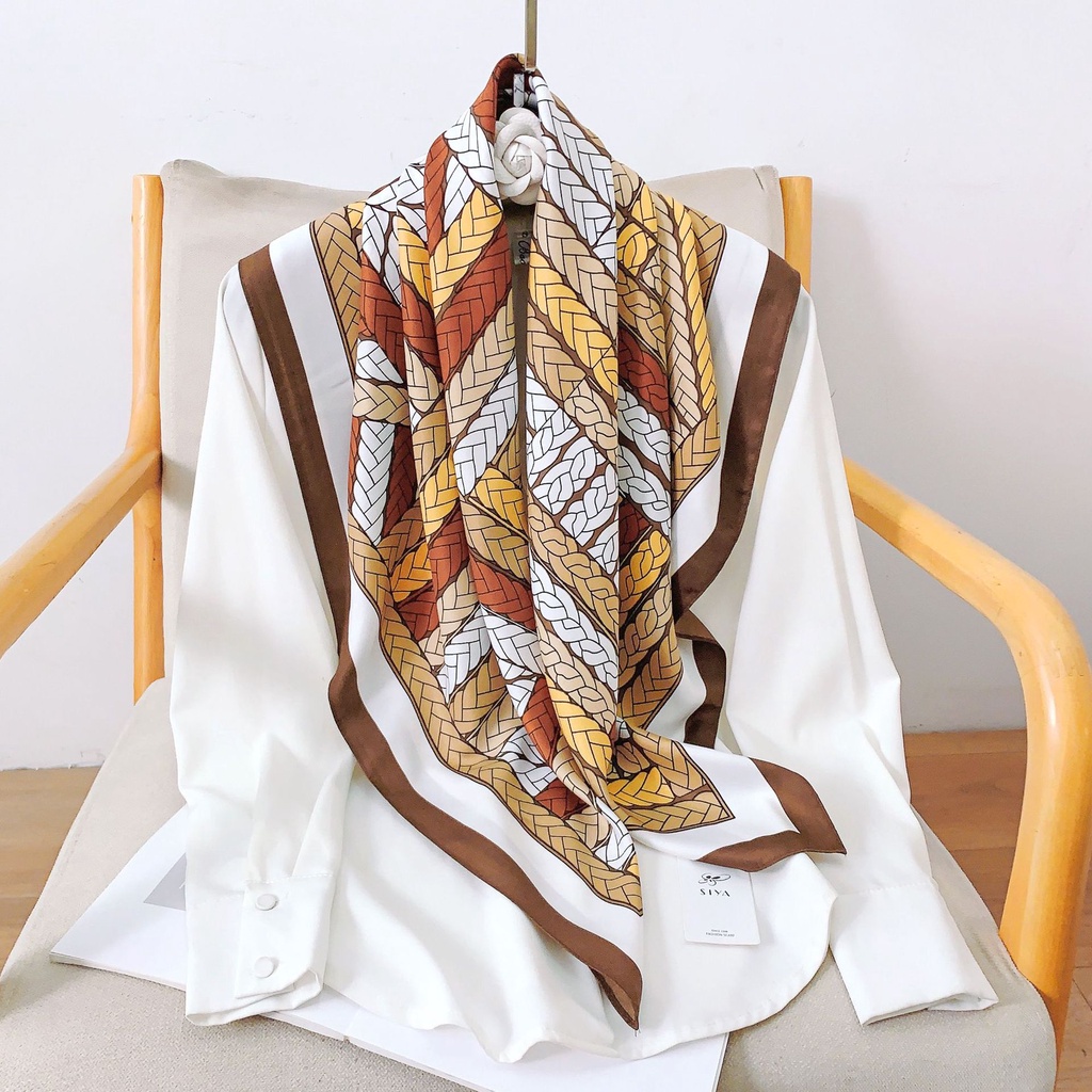 Khăn Choàng Satin Vuông 90 * 90cm Họa Tiết Màu Tương Phản Phong Cách Phương Tây