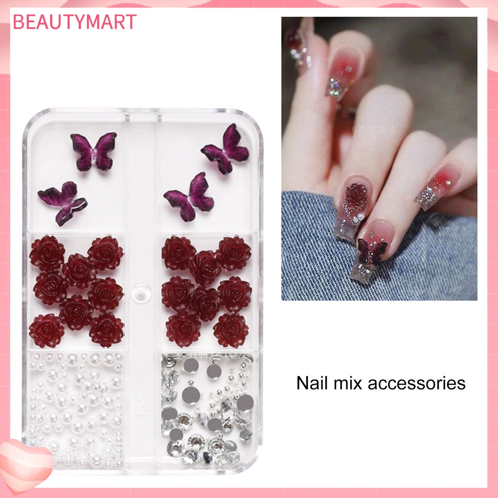1 Hộp Phụ Kiện Trang Trí Móng Tay Hình Hoa Hồng Và Bướm 3D Bằng Nhựa Resin DIY