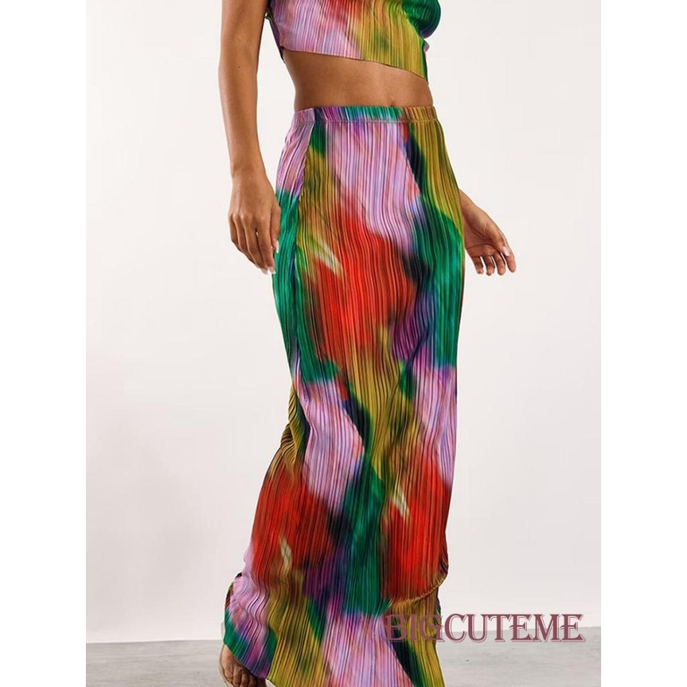 Bộ Trang Phục 2 Mảnh Gồm Áo Hai Dây Nhuộm Màu Và Chân Váy Dài Lưng Cao Thời Trang Mùa Hè Cho Nữ