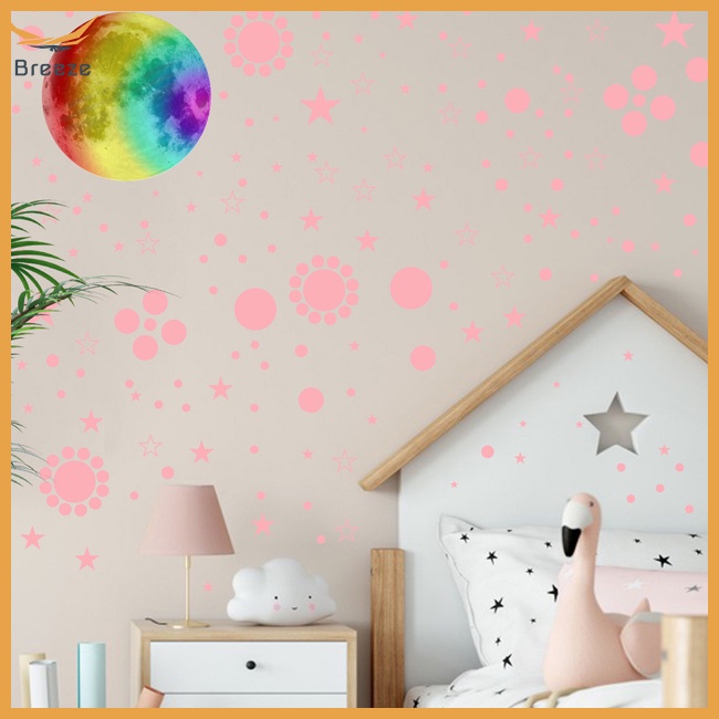 Bộ 3 Miếng Dán Tường Dạ Quang Tự Dính Hình Trăng Sao Trang Trí Phòng Bé Gái
