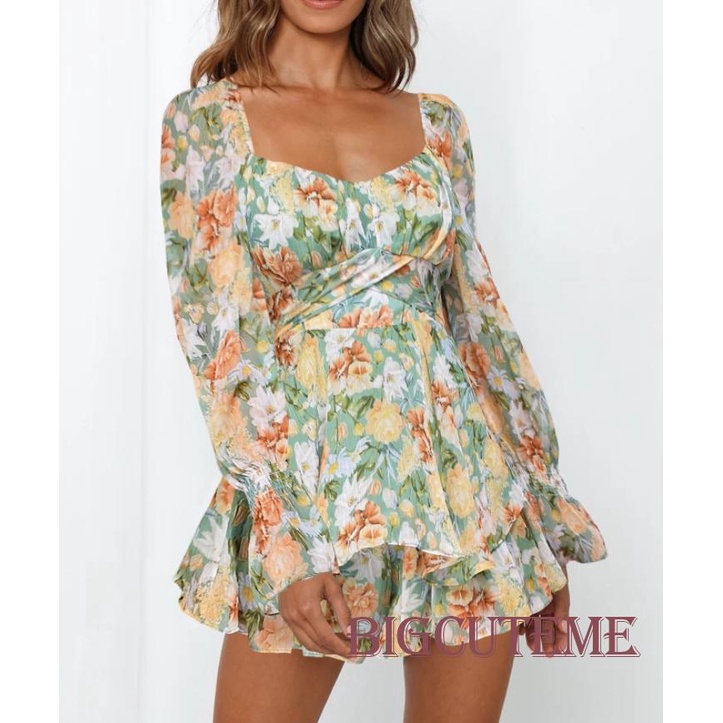 Áo liền quần Tay Dài Cổ Vuông Hở Lưng In Họa Tiết Hoa Thời Trang Quyến Rũ Cho Nữ