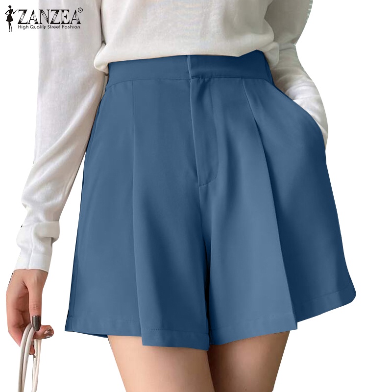 ZANZEA Quần Short Lưng Cao Xếp Ly Có Túi Bên Hông Phong Cách Hàn Quốc Đơn Giản Dễ Phối Đồ Cho Nữ