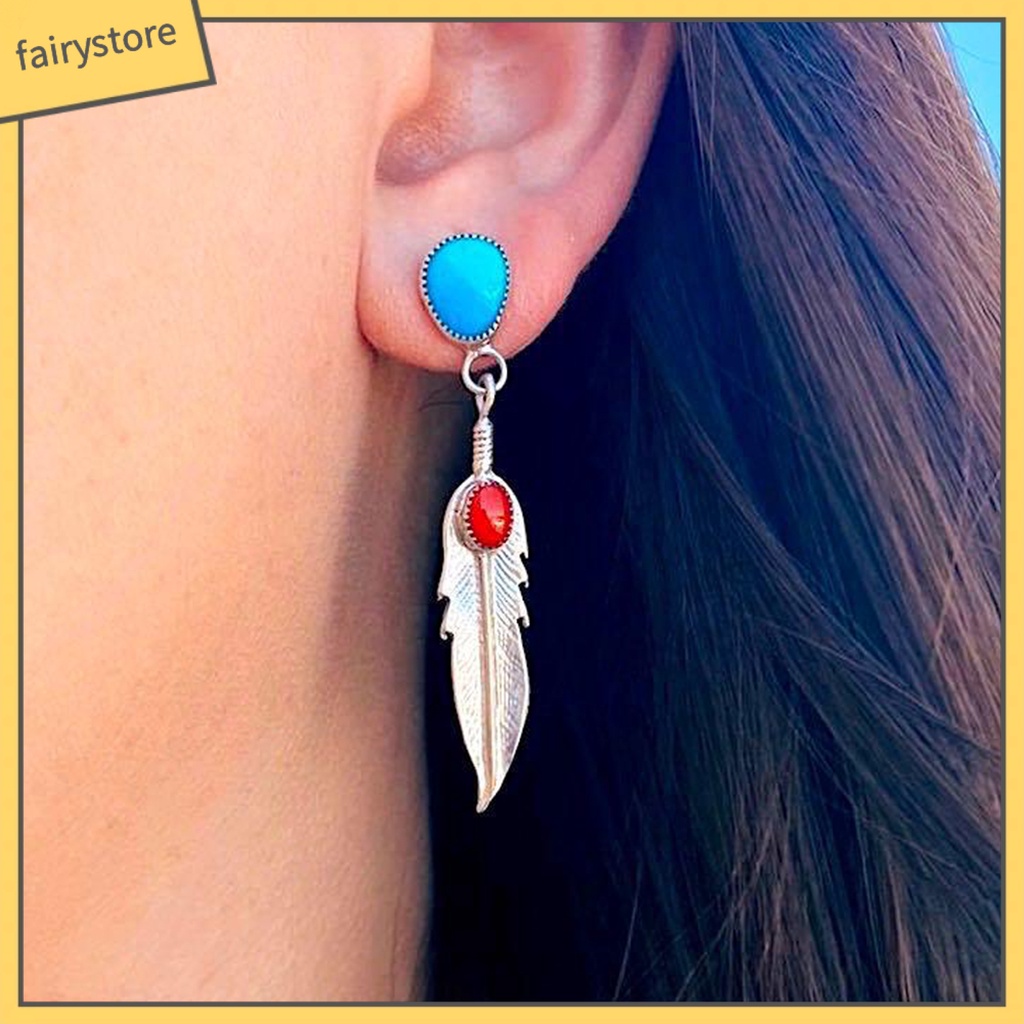 1 Đôi Bông Tai Dáng Dài Hình Lông Vũ Đính Đá Ngọc Lam Giả Thanh Lịch