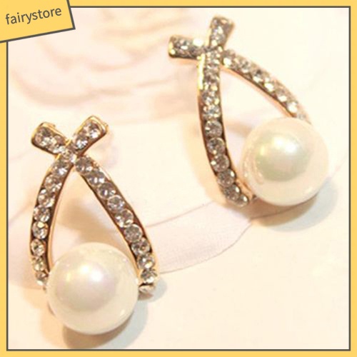 Đôi Bông Tai Chữ Thập Đính Ngọc Trai Giả Thời Trang