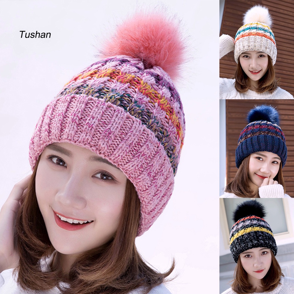 Mũ Len Beanie Đính Quả Bông Nhiều Màu Thời Trang Thu Đông Cho Nữ