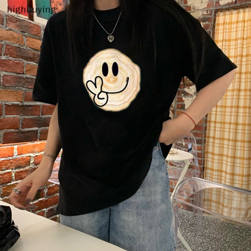 Áo Thun Tay Ngắn Cổ Tròn In Hình Mặt Cười Phong Cách Retro Cho Nữ