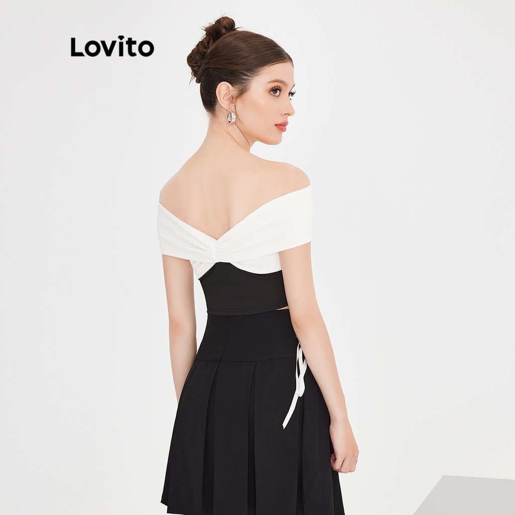 Áo không tay Lovito ghép nối màu sắc phối nơ màu trơn dễ thương cho nữ L51ED068 (Màu trắng và đen)
