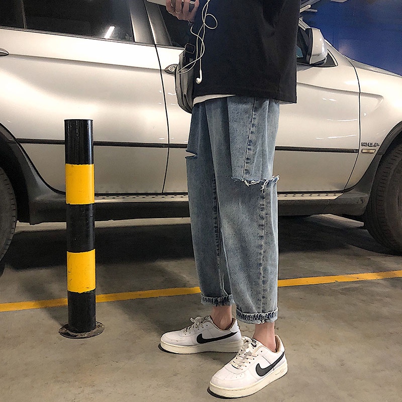 Quần Jean Dài Dáng Rộng Rách Gối Phong Cách Đường Phố Thời Trang Xuân Hè Cho Nam