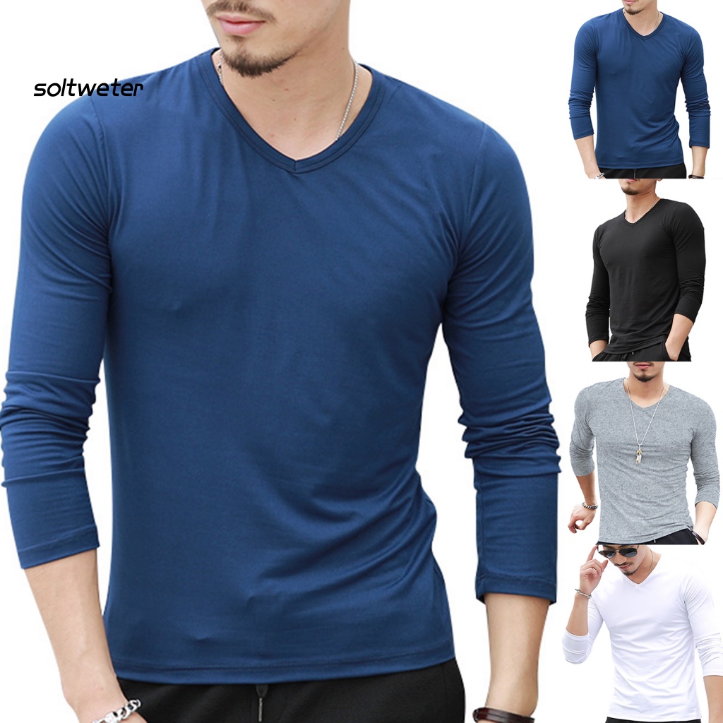 Áo Thun Tay Dài Cổ Chữ V Màu Sắc Đơn Giản Cho Nam Giới