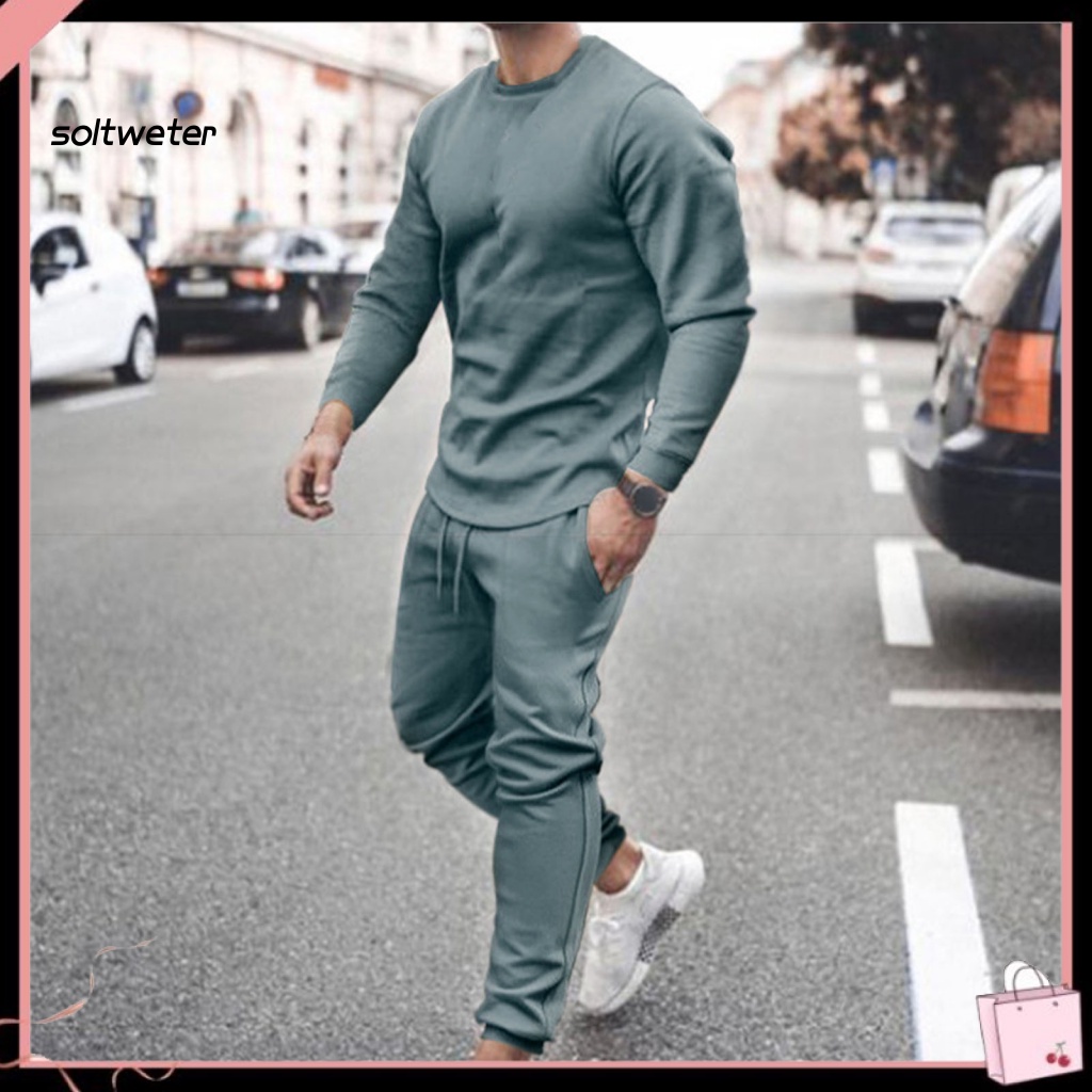 Bộ Trang Phục 2 Mảnh Gồm Áo Cổ Tròn Màu Trơn Và Quần Thoáng Khí Có Gân Thích Hợp Mặc Hàng Ngày Cho Nam