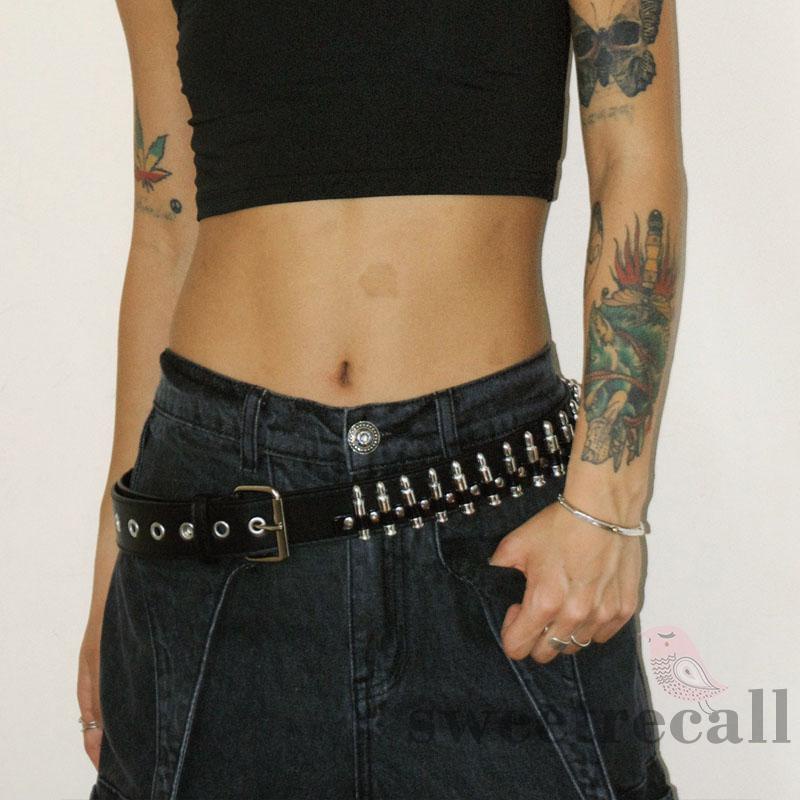 Thắt Lưng Da Màu Đen Đính Đinh Tán Hình Viên Đạn Phong Cách Punk Cho Nữ