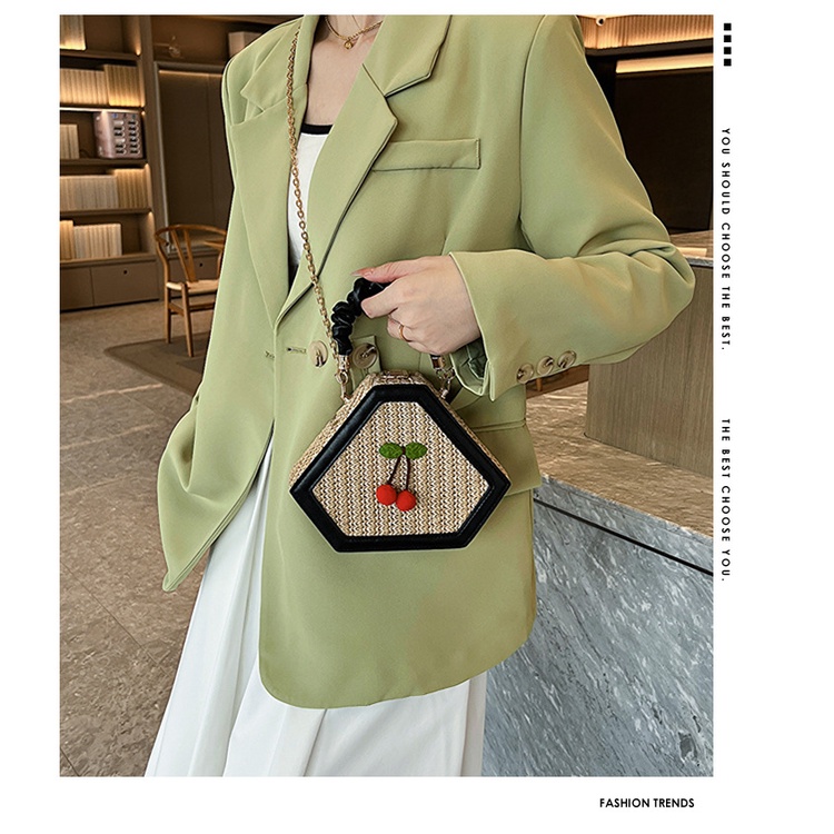 Túi Đeo JASMIN NOIR Chéo Đan Cói Hình Trái Cherry Phối Dây Xích Thời Trang Nữ