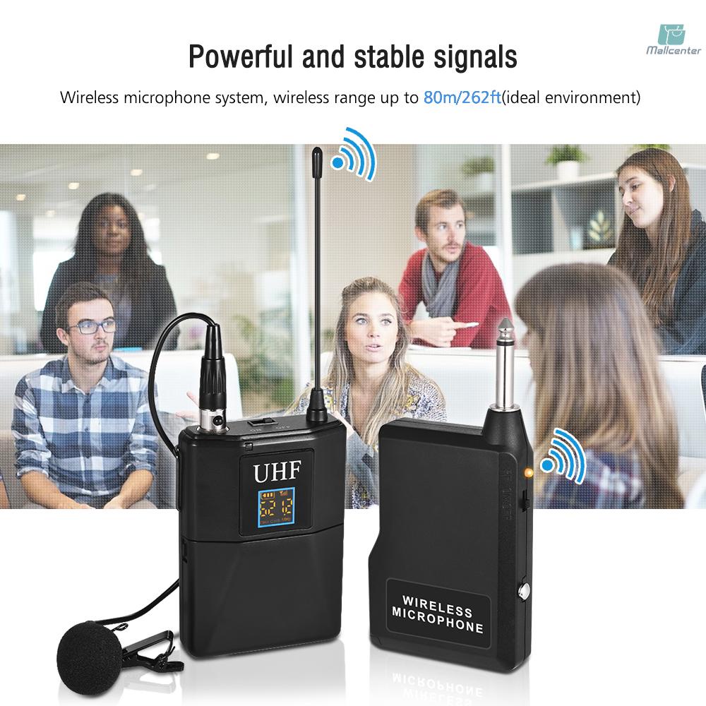 Professional UHF Wireless Microphone System Transmitter Receiver Set with Unidirectional Lavalier Lapel Mic for Teaching Conference Speech Presentations Promotion