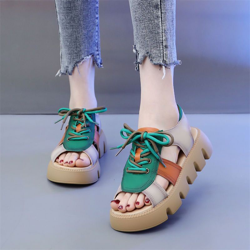Giày Sandal Da Đế Dày Mũi Tròn Thời Trang Mùa Hè 2023 Dành Cho Nữ